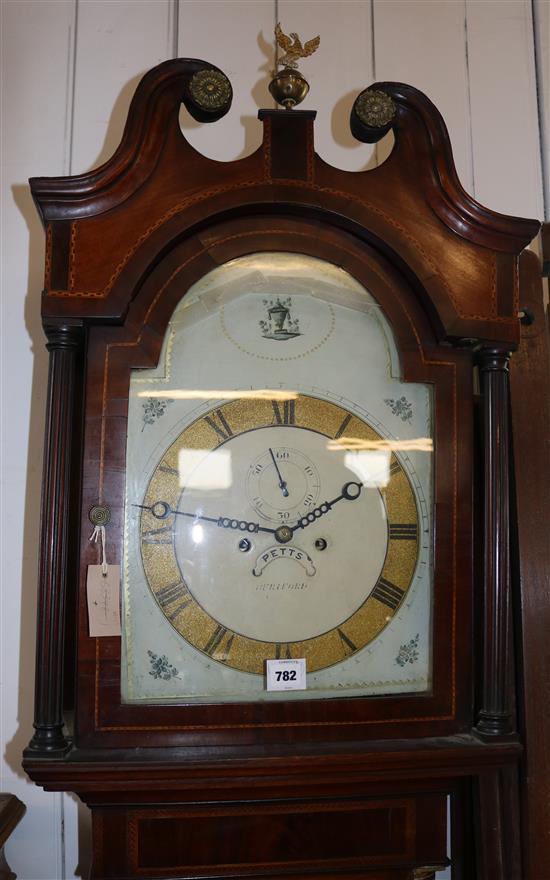 Petts of Hereford. A Regency inlaid oak eight day longcase clock, 8ft